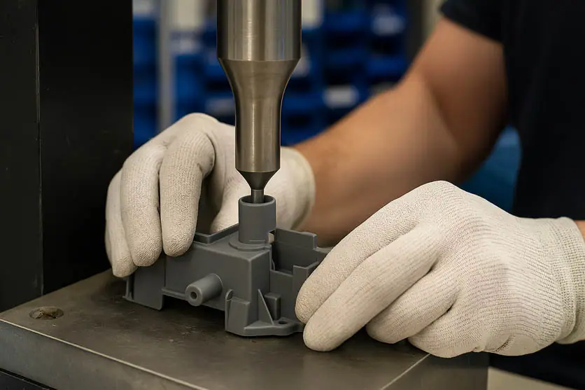 Operatore effettua assemblaggio di componente plastico con macchina a ultrasuoni