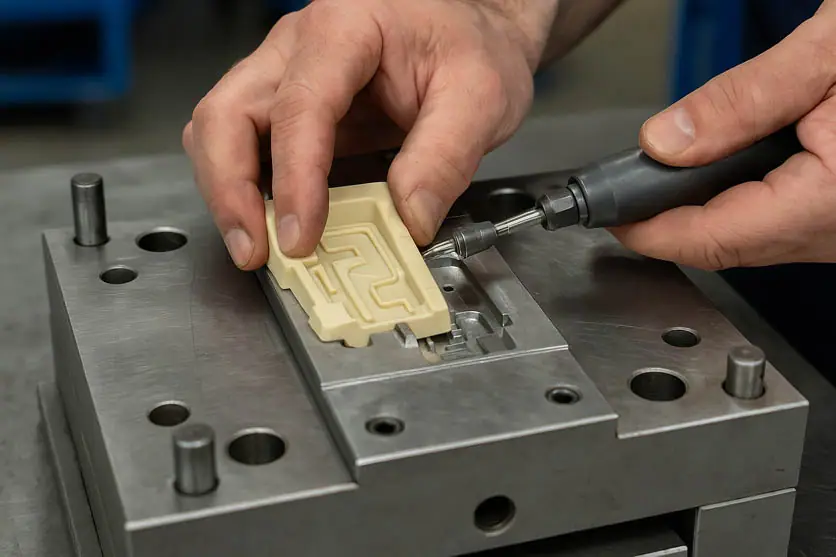 Operatore esegue operazioni di aggiustaggio su stampo per materie plastiche