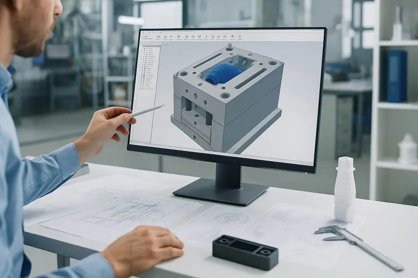 Tecnico progetta uno stampo per plastica in CAD su schermo 3D