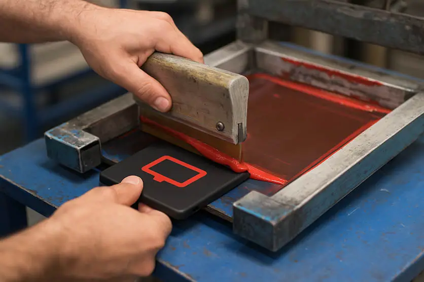 Operatore applica serigrafia rossa su superficie plastica durante la fase di rifinitura